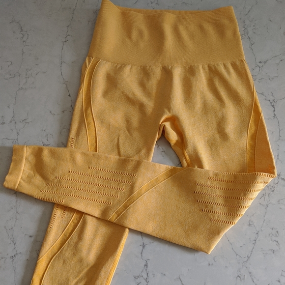 High Waisted Yellow Bright Yoga Leggings Tights - Picture 2 of 7
